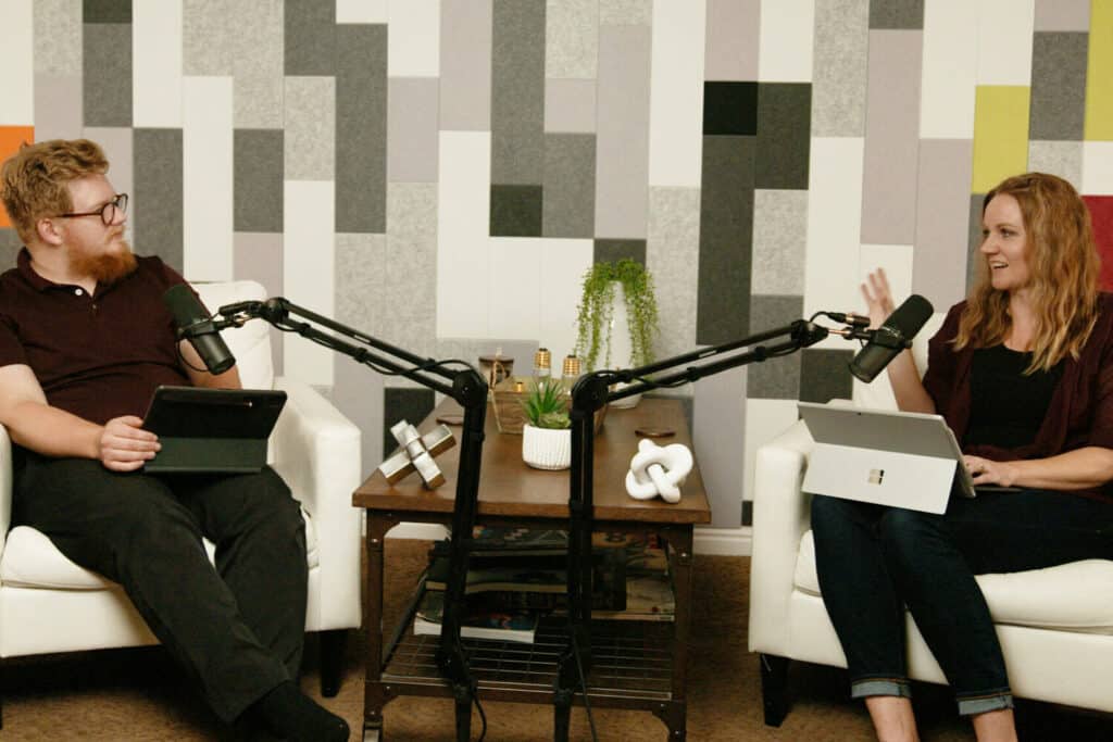Two people recording a podcast at Light Child Media in Ogden, Utah